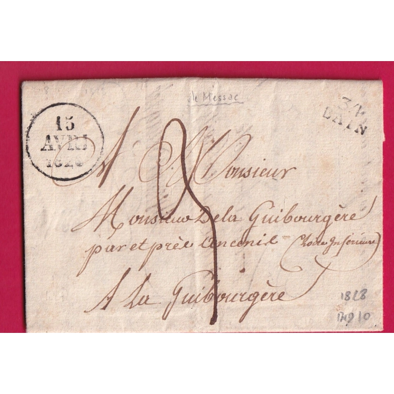 MARQUE 34 BAIN DE BRETAGNE ILLE ET VILAINE 1828 INDICE 10 LA GUIBOURGERE LOIRE INFERIEURE LETTRE COVER FRANCE