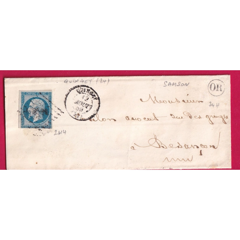 N°14 PC 2614 QUINGEY DOUBS OR DE SAMSON POUR BESANCON LETTRE COVER FRANCE