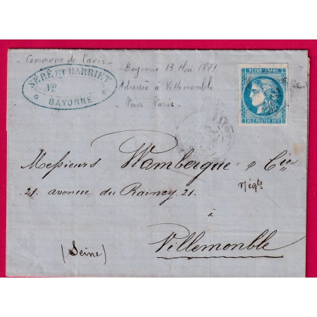 COMMUNE DE PARIS BAYONNE 13 MAI 1871 ENTREE DANS PARIS VIA VILLEMONBLE SEINE PAR PASSEUR LETTRE COVER