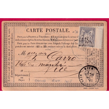 N°77 CONVOYEUR STATION CANNES ALPES MARITIMES EN BLEU BLEUTE POUR NICE CARTE PRECURSEUR LETTRE COVER