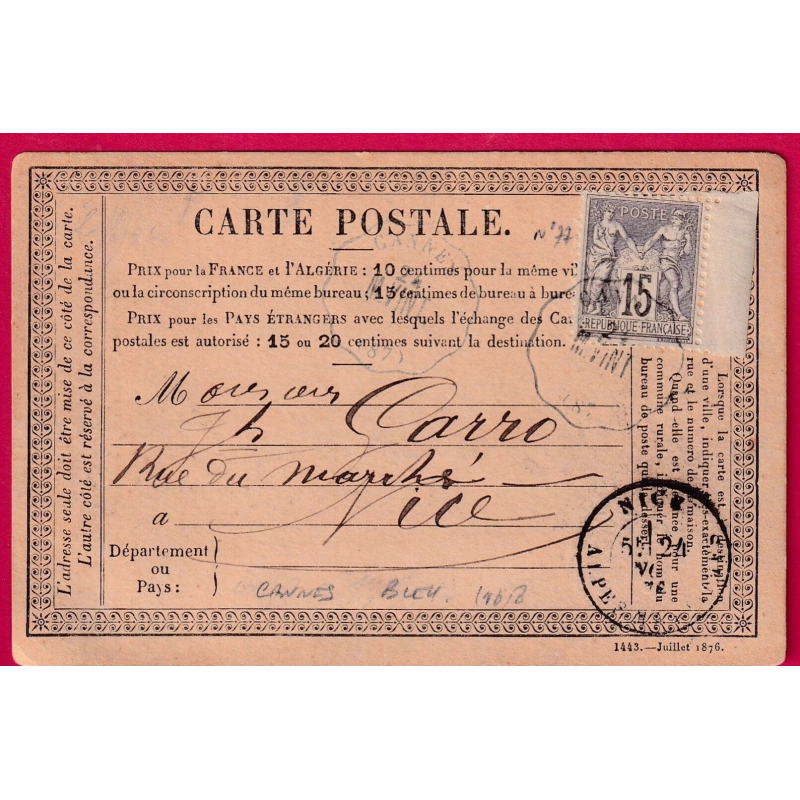 N°77 CONVOYEUR STATION CANNES ALPES MARITIMES EN BLEU BLEUTE POUR NICE CARTE PRECURSEUR LETTRE COVER