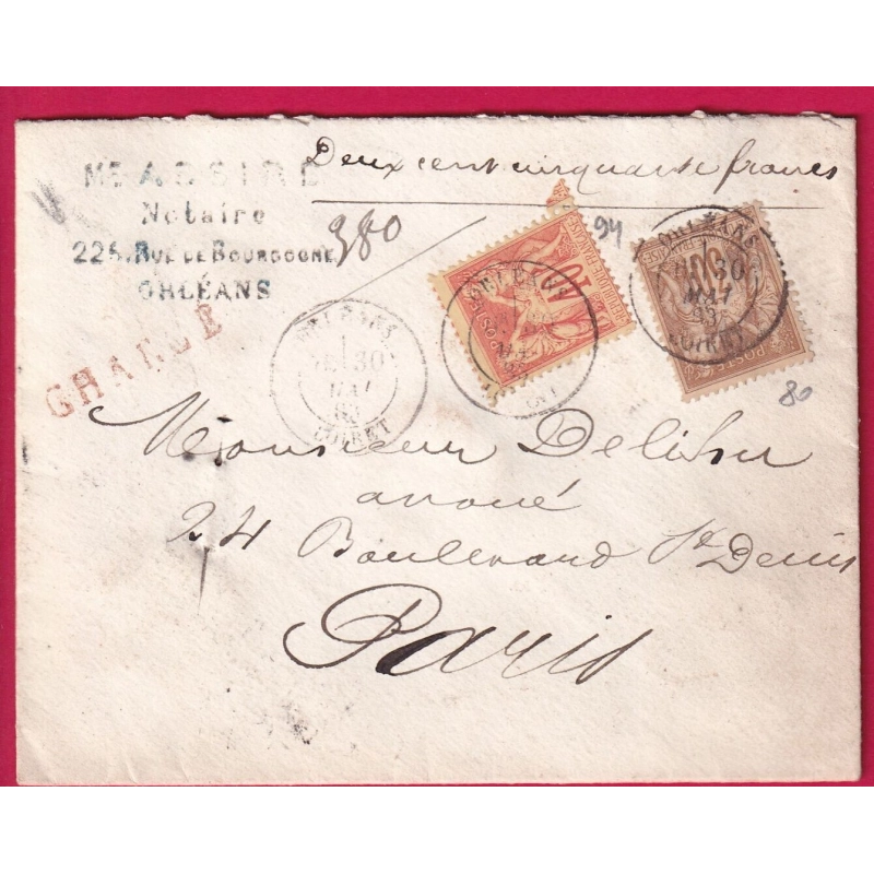 N°80 94 ORLEANS LOIRET LETTRE CHARGE POUR PARIS 1883 COVER