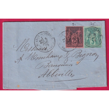 N°91 75 BLANGY SUR BRESLE SEINE INFERIEURE 1879 POUR ABBEVILLE SOMME LETTRE COVER
