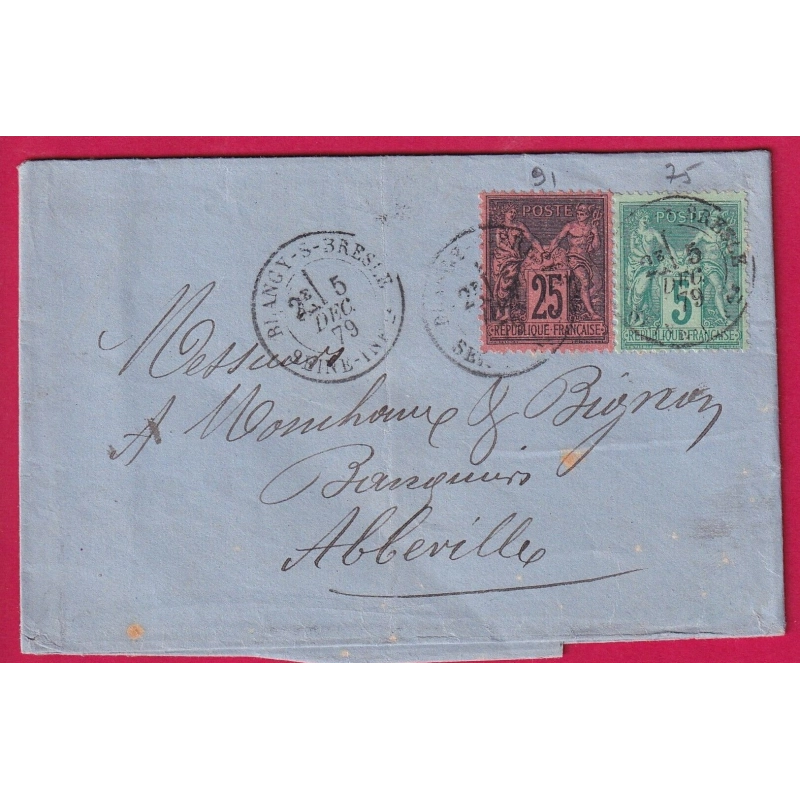 N°91 75 BLANGY SUR BRESLE SEINE INFERIEURE 1879 POUR ABBEVILLE SOMME LETTRE COVER