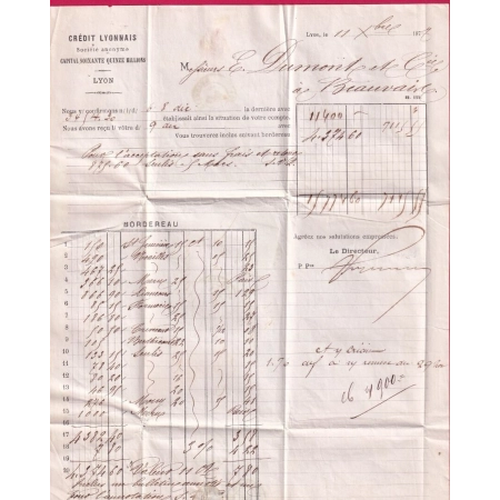 N°71 GARE DE LYON RHONE 1877 POUR BEAUVAIS OISE LETTRE COVER