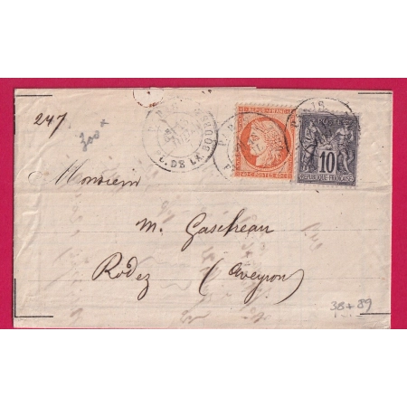 N°38 89 PARIS PLACE DE LA BOURSE 1877 POUR RODEZ AVEYRON 1877 LETTRE COVER