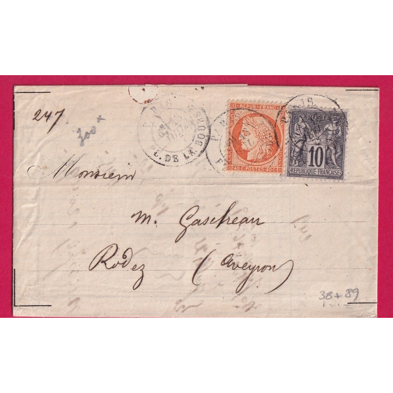 N°38 89 PARIS PLACE DE LA BOURSE 1877 POUR RODEZ AVEYRON 1877 LETTRE COVER
