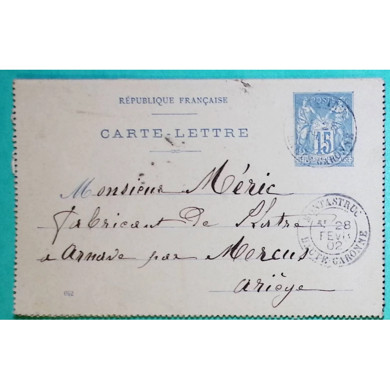 ENTIER SAGE 15C BLEU CARTE LETTRE CAD TYPE 18 MONTASTRUC HAUTE GARONNE POUR ARNAVE ARIEGE 1902 COVER FRANCE