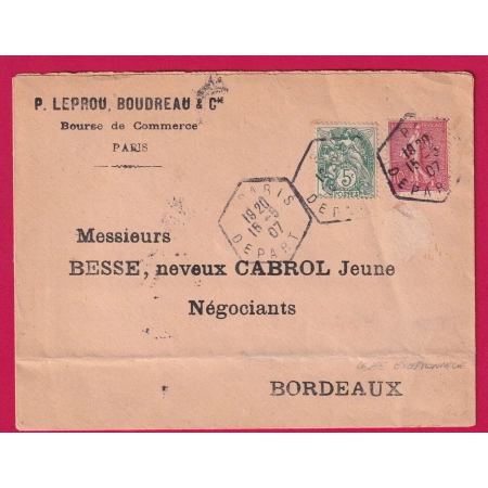 N°111 129 LEVEE EXCEPTIONNELLE PARIS DEPART 1907 POUR BORDEAUX LETTRE COVER