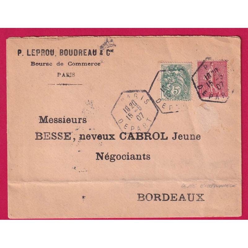 N°111 129 LEVEE EXCEPTIONNELLE PARIS DEPART 1907 POUR BORDEAUX LETTRE COVER