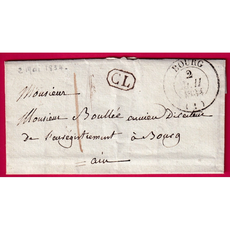 CAD TYPE 13 BOURG EN BRESSE AIN TAXE LOCALE 1 + CL NOIR 1834 POUR BOURG EN BRESSE LETTRE COVER