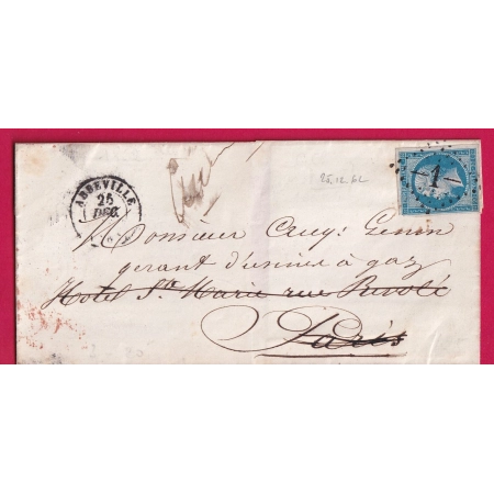 N°14 GC 1 ABBEVILLE SOMME POUR PARIS 25 DECEMBRE 1862 LETTRE COVER