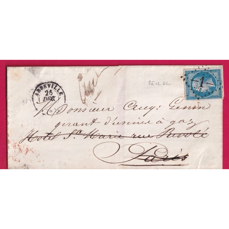 N°14 GC 1 ABBEVILLE SOMME POUR PARIS 25 DECEMBRE 1862 LETTRE COVER