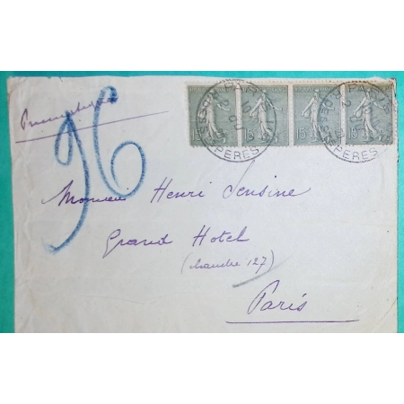 N°130 BANDE DE 4 SEMEUSE LIGNEE ENVELOPPE PNEUMATIQUE PARIS RUE DES SAINTS PERES POUR GRAND HOTEL 1920 COVER FRANCE