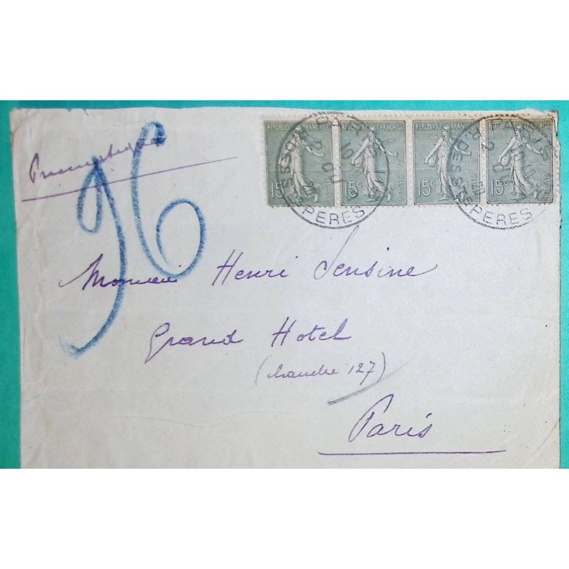 N°130 BANDE DE 4 SEMEUSE LIGNEE ENVELOPPE PNEUMATIQUE PARIS RUE DES SAINTS PERES POUR GRAND HOTEL 1920 COVER FRANCE