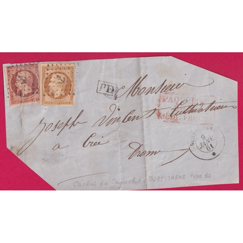 N°13 16 OBL ANCRE PAQUEBOT POSTES BORYSTHENE 9 .1.1861 POUR LA DROME DEVANT DE LETTRE COVER