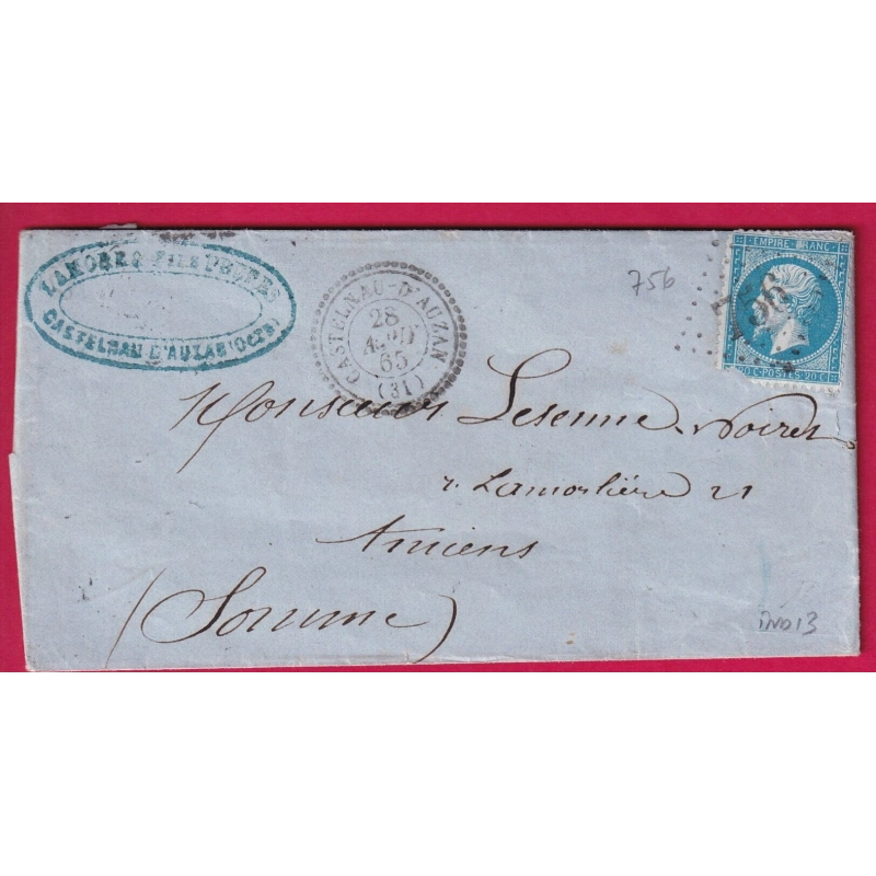 N°22 GC 756 CATELNAU D'AUZAN GERS CAD TYPE 22 POUR AMIENS SOMME LETTRE COVER