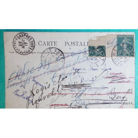 N°137 PAIRE INTERPANNEAU SEMEUSE CARTE POSTALE VALLORCINE HAUTE SAVOIE CAD POSTES ET TELEGRAPHES EURE REEXP 1917 FRANCE