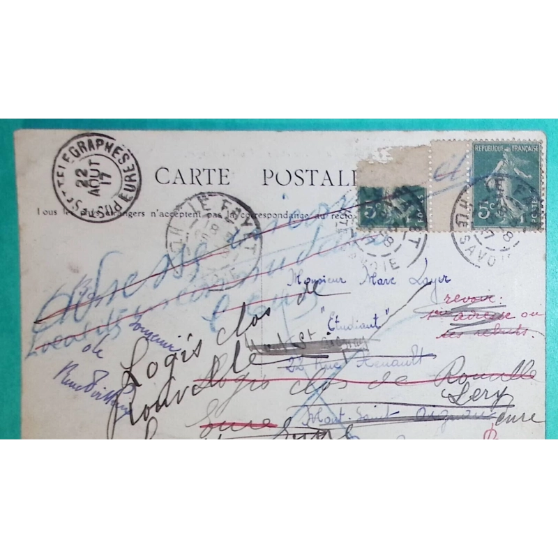N°137 PAIRE INTERPANNEAU SEMEUSE CARTE POSTALE VALLORCINE HAUTE SAVOIE CAD POSTES ET TELEGRAPHES EURE REEXP 1917 FRANCE