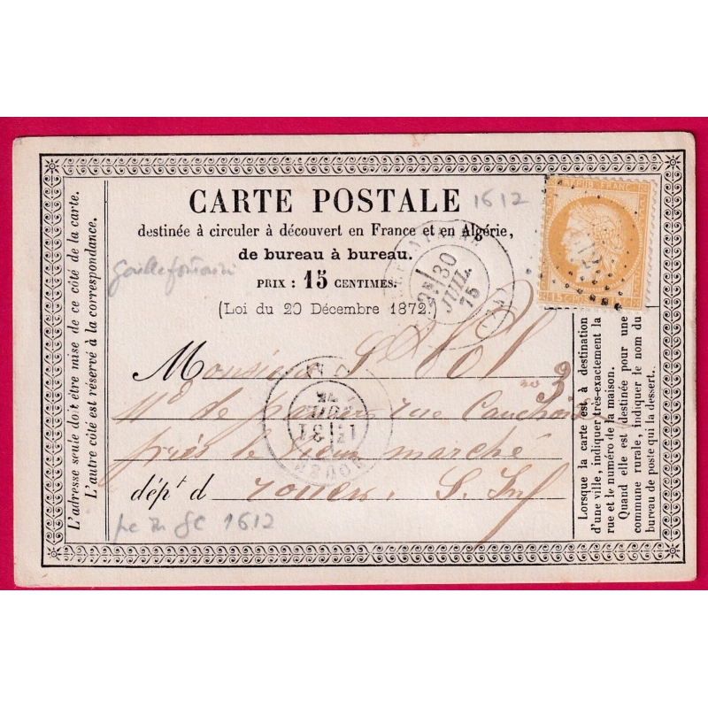 N°55 PC DU GC 1612 GAILLEFONTAINE SEINE INFERIEURE POUR ROUEN CARTE PRECURSEUR LETTRE COVER