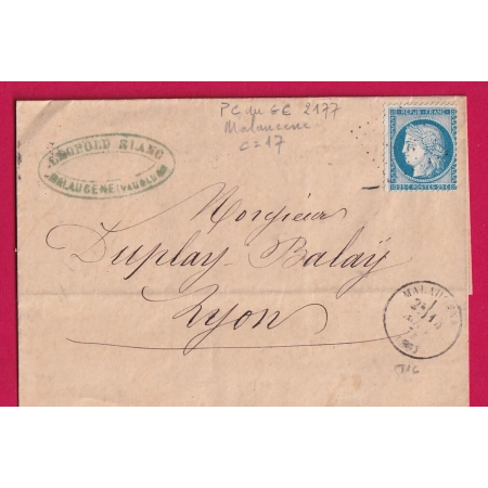 N°60 PC DU GC 2177 MALAUCENE VAUCLUSE CAD TYPE 16 INDICE 17 POUR LYON LETTRE COVER