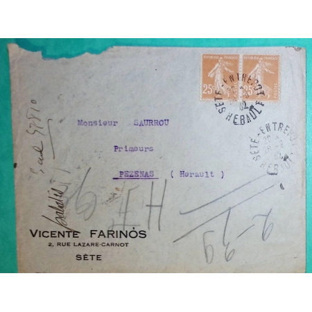 N°235 PAIRE SEMEUSE CAD SETE ENTREPOT HERAULT POUR PEZENAS 1932 LETTRE COVER FRANCE