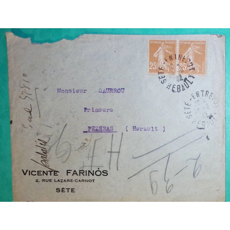 N°235 PAIRE SEMEUSE CAD SETE ENTREPOT HERAULT POUR PEZENAS 1932 LETTRE COVER FRANCE