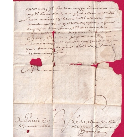 MARQUE MANUSCRIT DE ST DENIS SEINE 1680 POUR BORDEAUX AMELIORATION DE DATE TRES PRECOCE TEXTE DE PARIS LETTRE COVER