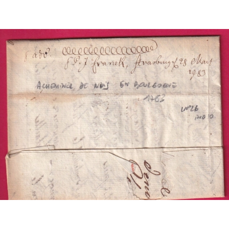 MARQUE DE STRASBOURG BAS RHIN ACHEMINEE DE NUITS COTE D'OR 1783 POUR SAAREBRUCK SARRBRUCKEN ALLEMAGNE LETTRE COVER