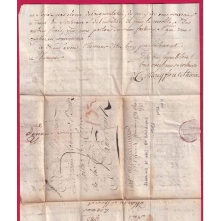 MARQUE DE STRASBOURG BAS RHIN ACHEMINEE DE NUITS COTE D'OR 1783 POUR SAAREBRUCK SARRBRUCKEN ALLEMAGNE LETTRE COVER