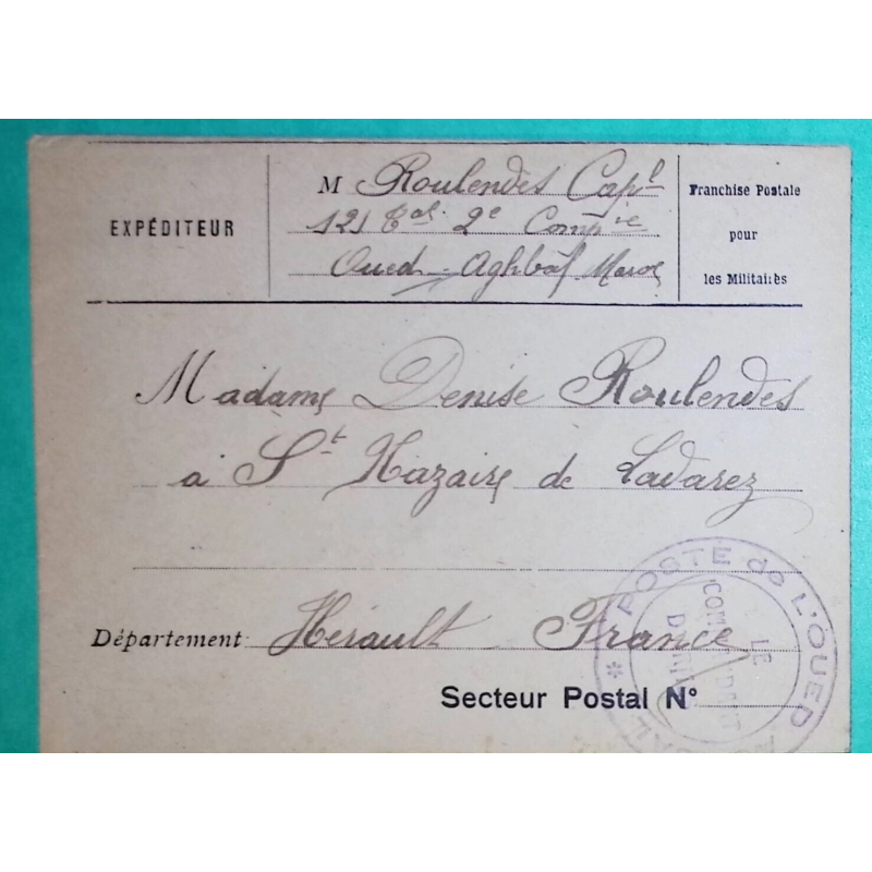 FRANCHISE MILITAIRE FM CAPITAINE POSTE DE L'OUED AGHBAL MAROC POUR ST NAZAIRE DE LADAREZ HERAULT 1916 WW1 COVER FRANCE