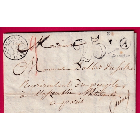 CAD TYPE 15 CASSAGNIES BEGONNES AVEYRON BOITE RURALE A SALMIECH POUR PARIS 1851 LETTRE COVER