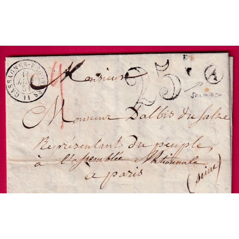 CAD TYPE 15 CASSAGNIES BEGONNES AVEYRON BOITE RURALE A SALMIECH POUR PARIS 1851 LETTRE COVER