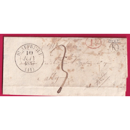 CAD TYPE 13 ST AFFRIQUE AVEYRON BOITE RURALE K FAYET + DECIME RURAL ROUGE POUR ABLI TARN 1837 LETTRE COVER