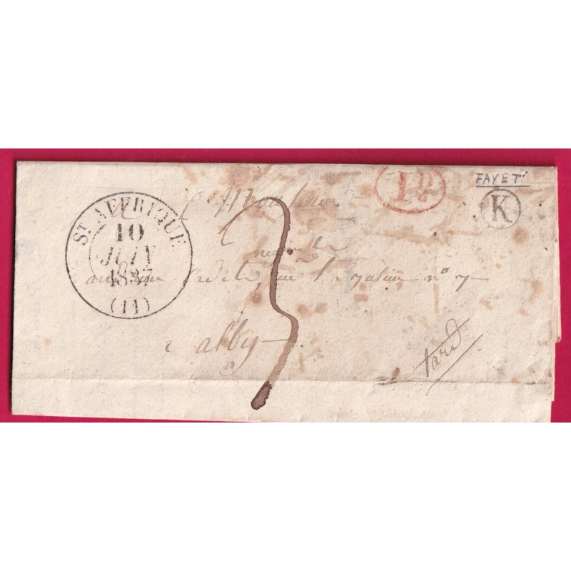 CAD TYPE 13 ST AFFRIQUE AVEYRON BOITE RURALE K FAYET + DECIME RURAL ROUGE POUR ABLI TARN 1837 LETTRE COVER