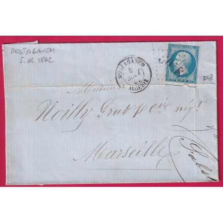 N°14 GC 5048 MOSTAGANEM 5 AOUT 1862 ALGERIE GC PRECOCE POUR MARSEILLE LETTRE COVER