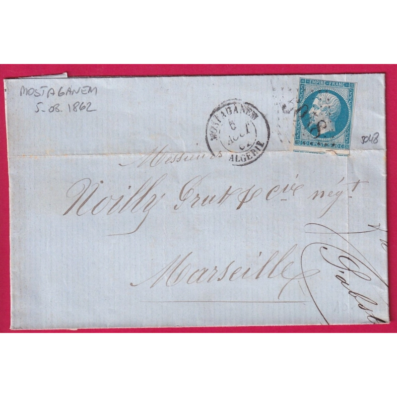 N°14 GC 5048 MOSTAGANEM 5 AOUT 1862 ALGERIE GC PRECOCE POUR MARSEILLE LETTRE COVER