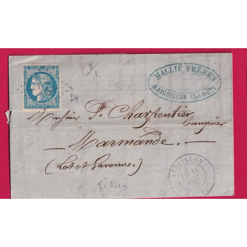 N°45A TTB GC 24 AIGUILLON LOT ET GARONNE POUR MARMANDE  LETTRE COVER