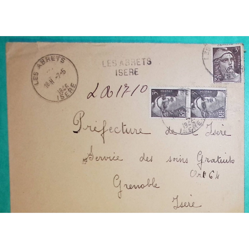 N°715 x3 MARIANNE DE GANDON 2 NUANCES RECOMMANDE PROVISOIRE LES ABRETS ISERE POUR GRENOBLE 1946 LETTRE COVER FRANCE