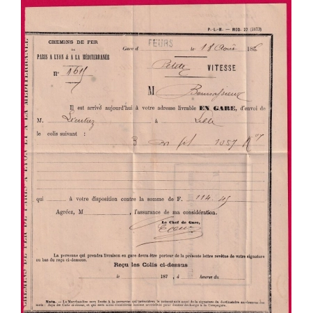 N°68 N/B CAD T17 FEURS LOIRE POUR PANISSIERE IMPRIME CHEMIN DE FER LETTRE COVER