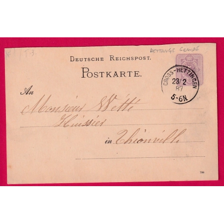 ALSACE LORRAINE ENTIER 5 PF HETTANGE GRANDE MOSELLE POUR THIONVILLE 1887 LETTRE COVER
