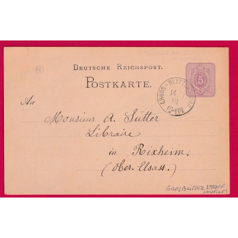 ALSACE LORRAINE ENTIER 5 PF GROSBLIERDERSTROFF MOSELLE POUR RIXHEIM 1881 LETTRE COVER