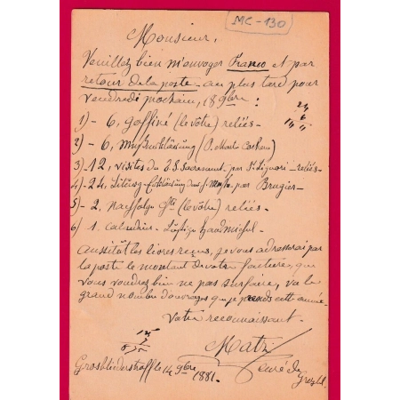 ALSACE LORRAINE ENTIER 5 PF GROSBLIERDERSTROFF MOSELLE POUR RIXHEIM 1881 LETTRE COVER