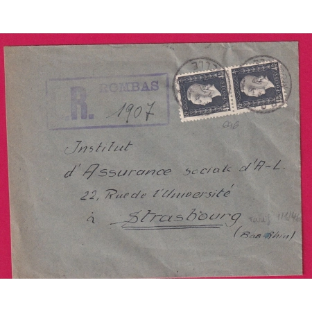 RECOMMANDE PROVISOIRE  N°696 PAIRE ROMBAS MOSELLE POUR STRASBOURG 1946 LETTRE COVER