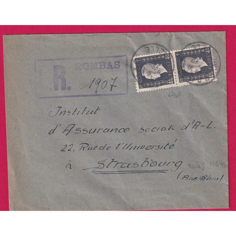RECOMMANDE PROVISOIRE  N°696 PAIRE ROMBAS MOSELLE POUR STRASBOURG 1946 LETTRE COVER