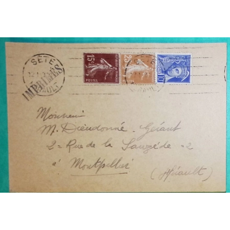 N°189 + 235 + 407 MIXTE SEMEUSE MERCURE CARTE POSTALE PUB TIMBRES POSTES AU POIDS JACOMET SETE HERAULT POUR MONTPELLIER