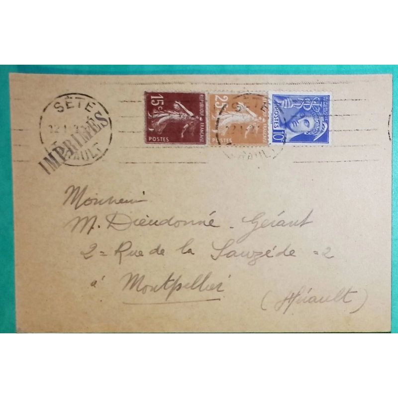 N°189 + 235 + 407 MIXTE SEMEUSE MERCURE CARTE POSTALE PUB TIMBRES POSTES AU POIDS JACOMET SETE HERAULT POUR MONTPELLIER
