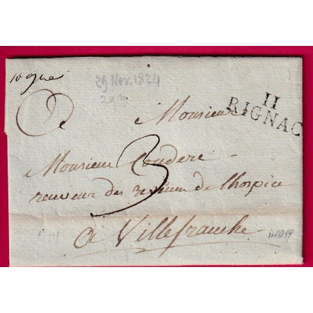 MARQUE 11 RIGNAC AVEYRON 1824 POUR VILLEFRANCHE DE ROUERGUE INDICE 14 LETTRE COVER