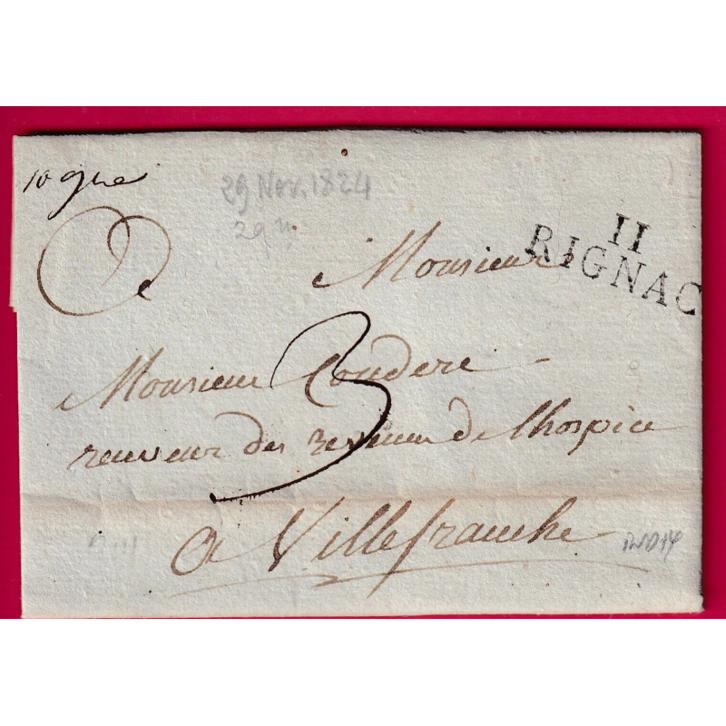 MARQUE 11 RIGNAC AVEYRON 1824 POUR VILLEFRANCHE DE ROUERGUE INDICE 14 LETTRE COVER