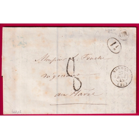 CAD TYPE 15 SORGES DORDOGNE OR LIGUEUX TAXE TAMPON 8 DECIME RURAL POUR LE HAVRE LETTRE COVER